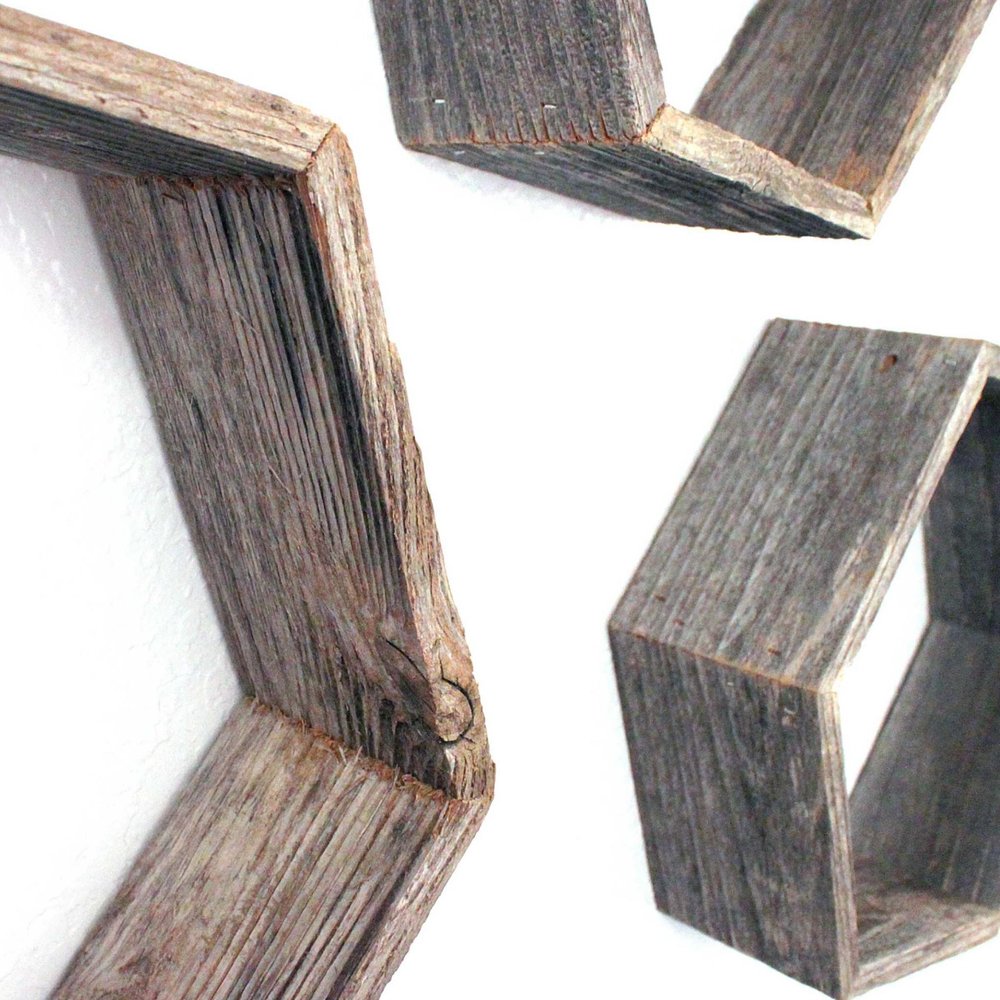 Set of Three Gray Wood Hexagon Wood Open Box Shelves — view 2
