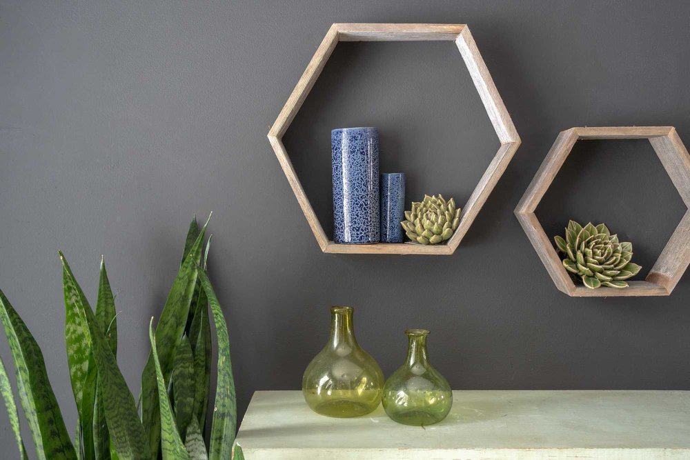 Set of Three Gray Wood Hexagon Wood Open Box Shelves — view 9