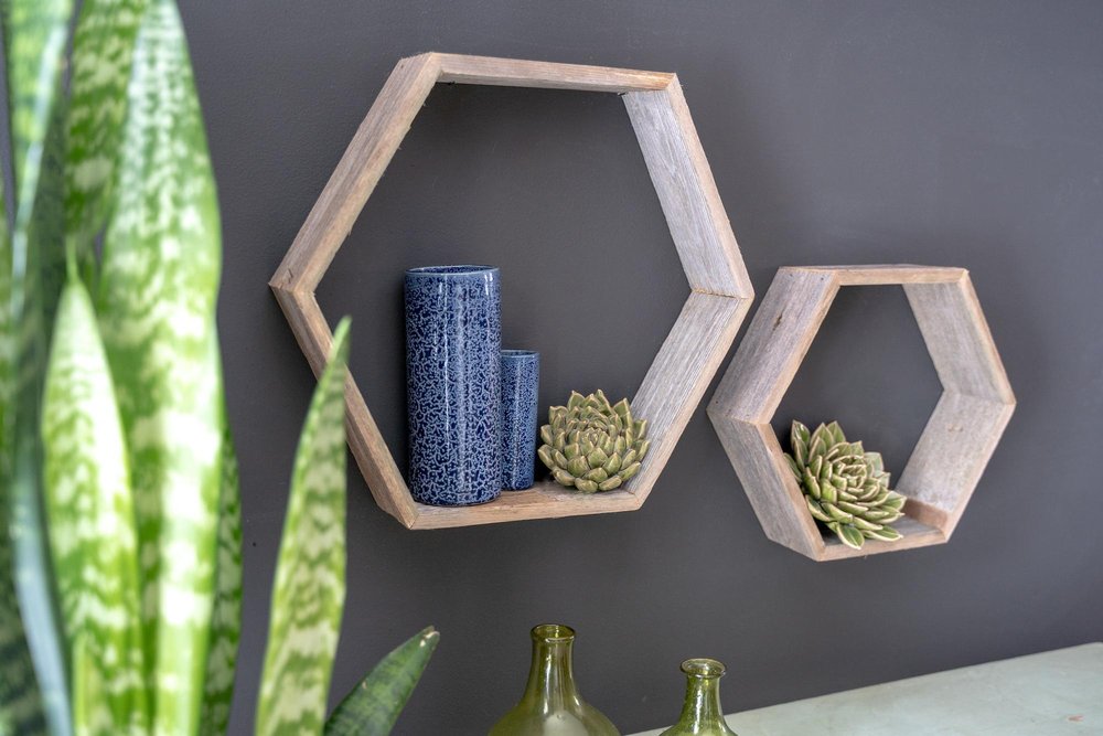 Set of Three Gray Wood Hexagon Wood Open Box Shelves — view 4