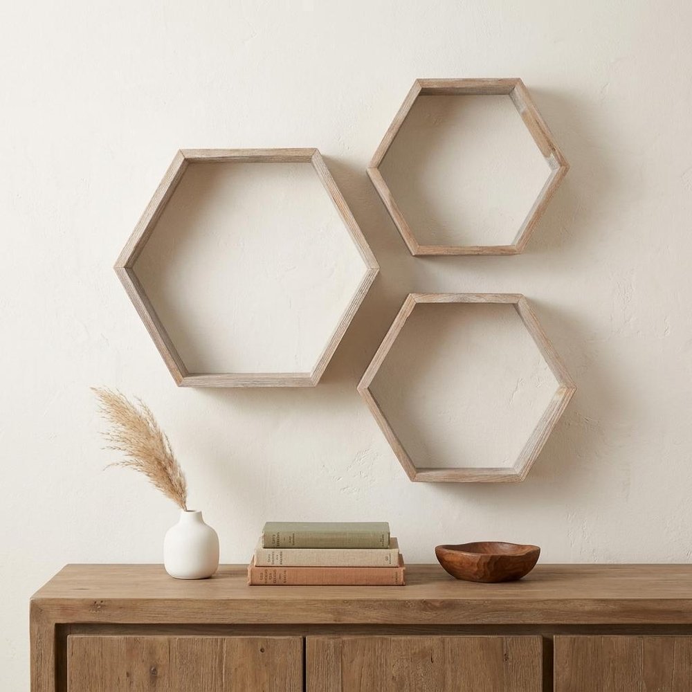 Set of Three Gray Wood Hexagon Wood Open Box Shelves — view 8