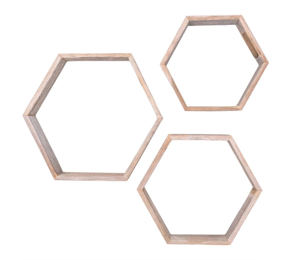 Set of Three Gray Wood Hexagon Wood Open Box Shelves — view 5