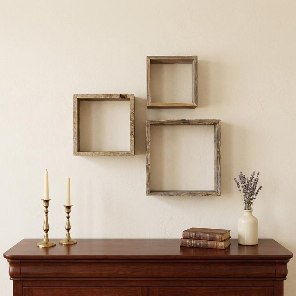Rustic Farmhouse Set Of 3 Square Shadow Box Shelves — view 3