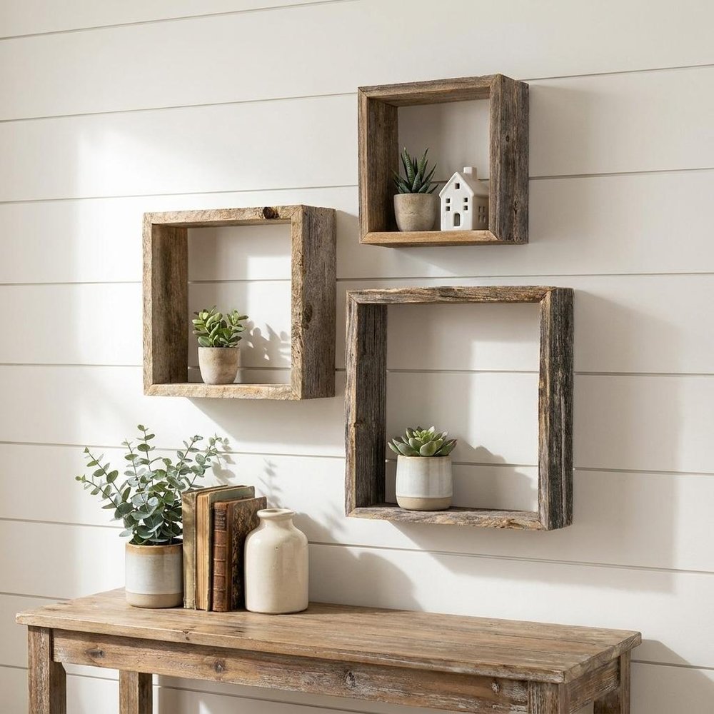 Rustic Farmhouse Set Of 3 Square Shadow Box Shelves — view 4