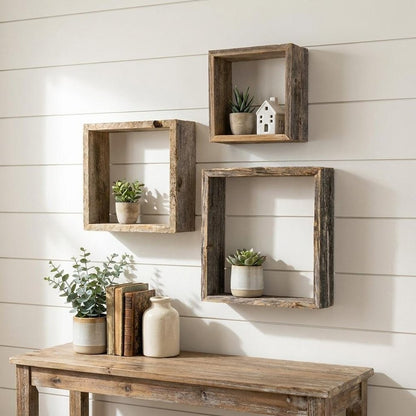 Rustic Farmhouse Set Of 3 Square Shadow Box Shelves