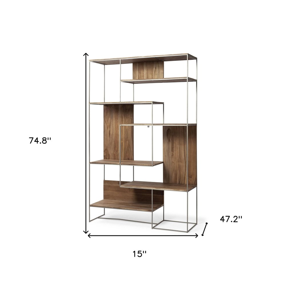 75" Brown And Silver Metal and Wood Six Tier Bookcase HomeRoots