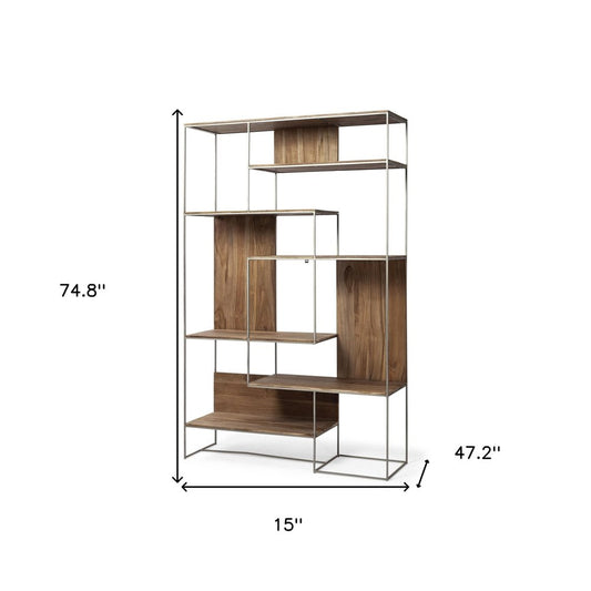 75" Brown And Silver Metal and Wood Six Tier Bookcase HomeRoots