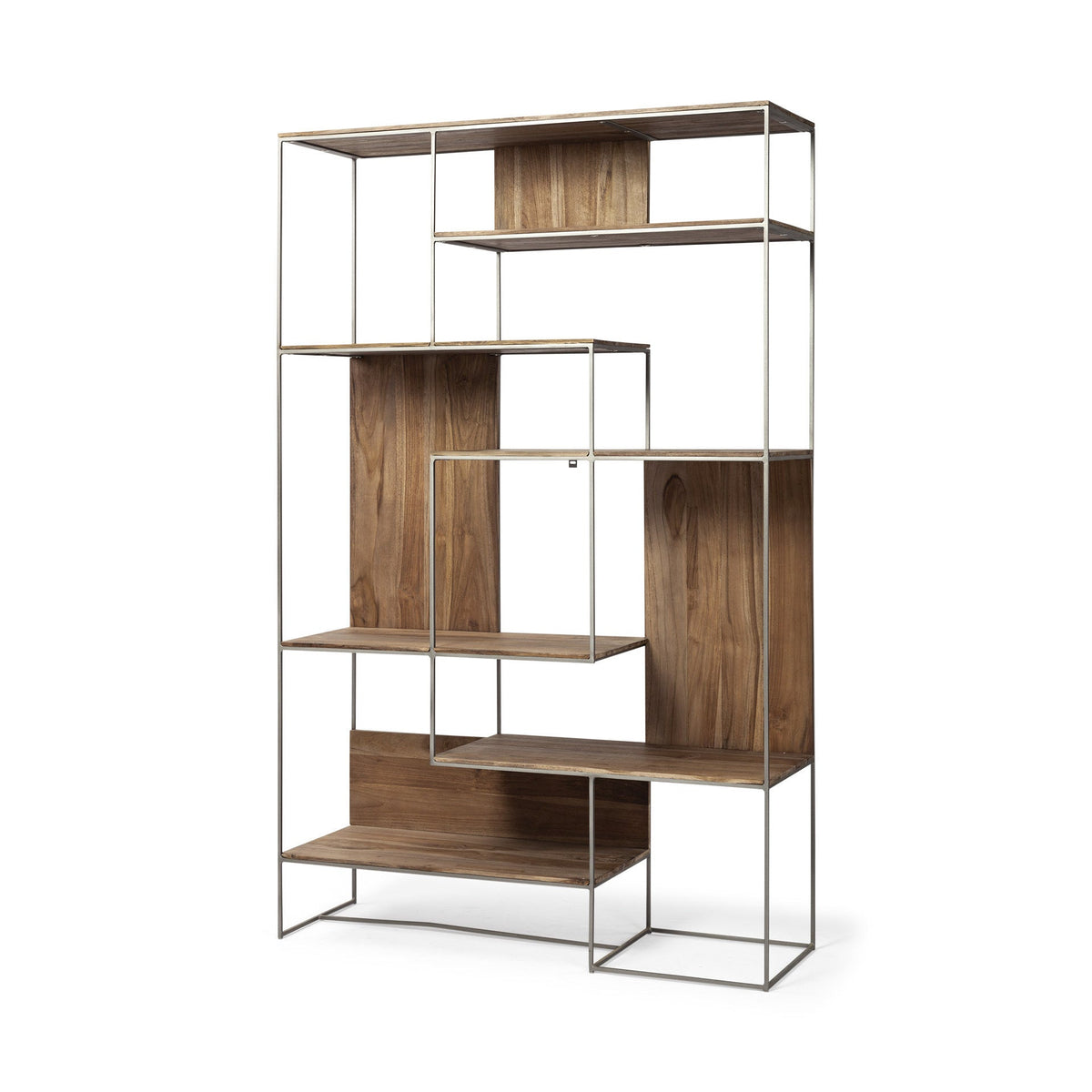 75" Brown And Silver Metal and Wood Six Tier Bookcase — view 1