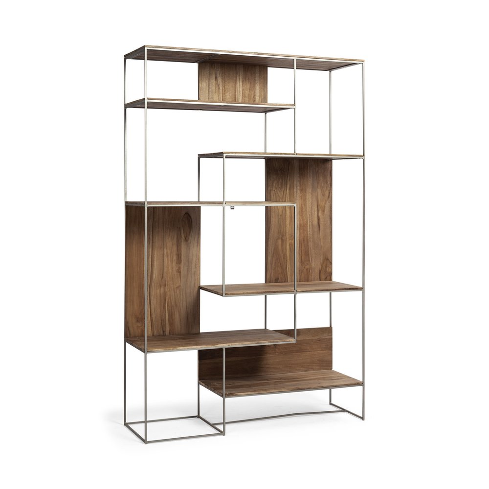 75" Brown And Silver Metal and Wood Six Tier Bookcase HomeRoots