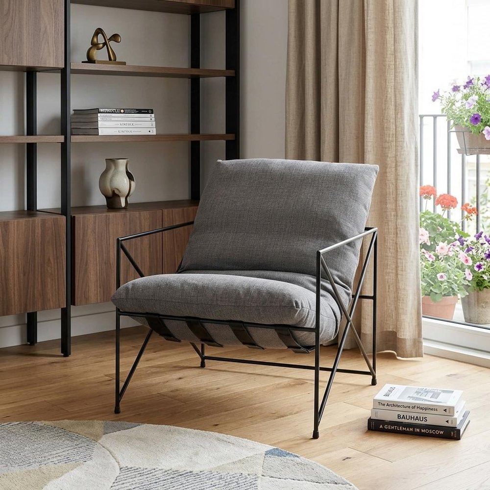 30" Gray and Black Linen Lounge Chair HomeRoots