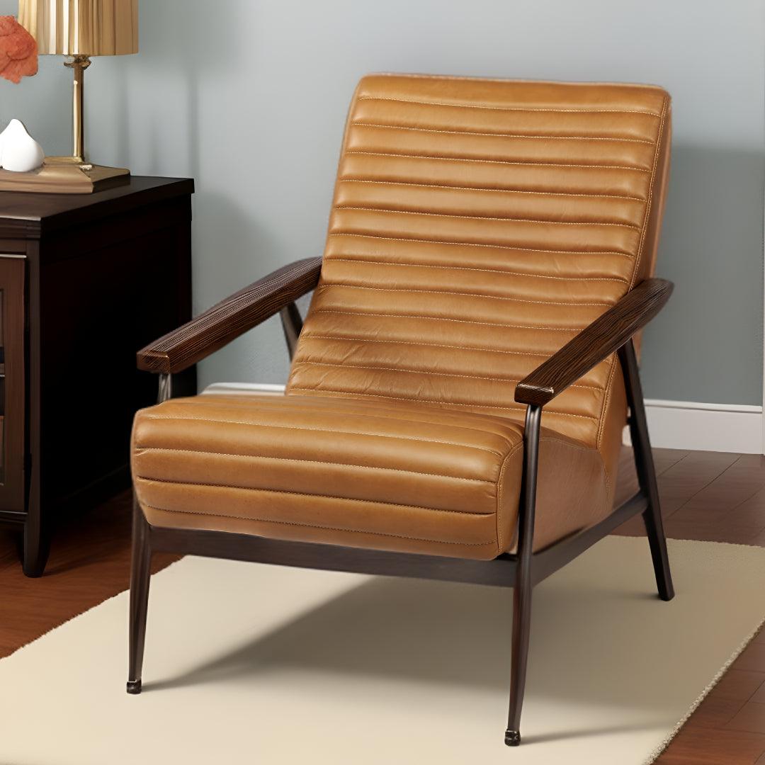 37" Tan And Brown Faux Leather Tufted Arm Chair - FurniFindUSA