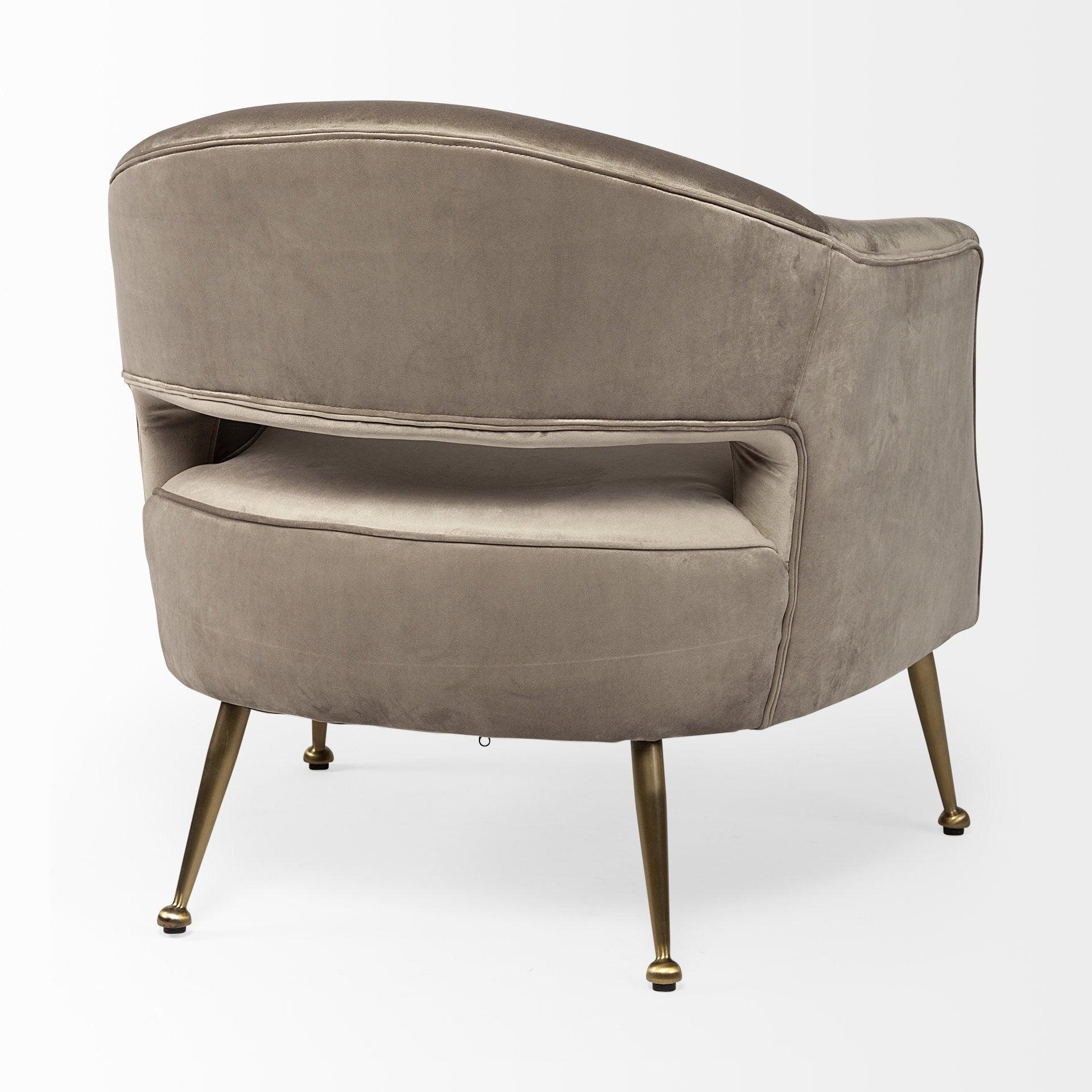 29" Taupe And Brass Velvet Arm Chair - FurniFindUSA
