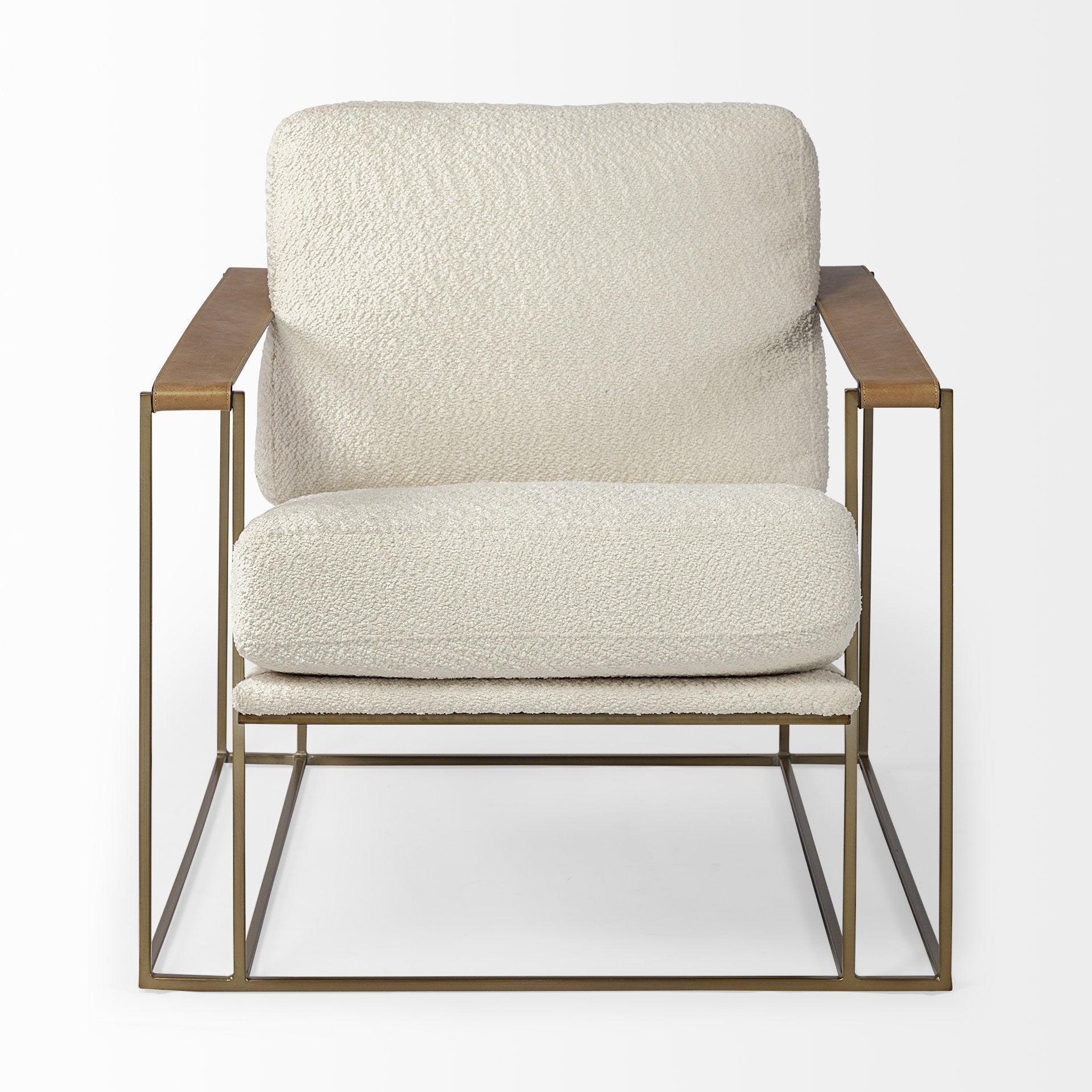 34" Cream And Wood Brown Linen Arm Chair - FurniFindUSA
