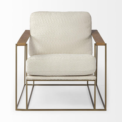 34" Cream And Wood Brown Linen Arm Chair - FurniFindUSA