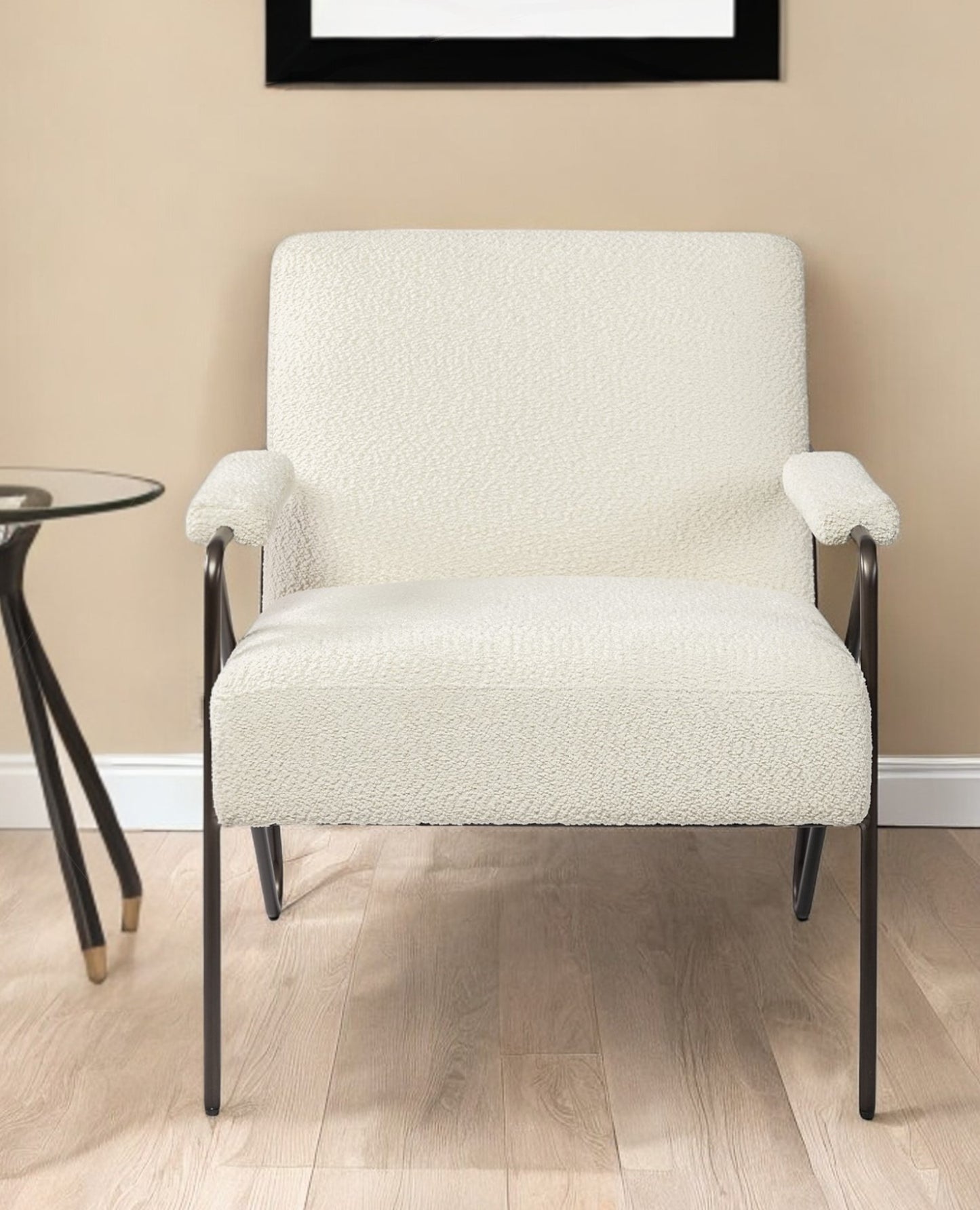 31" Off White And Brown Fabric Arm Chair