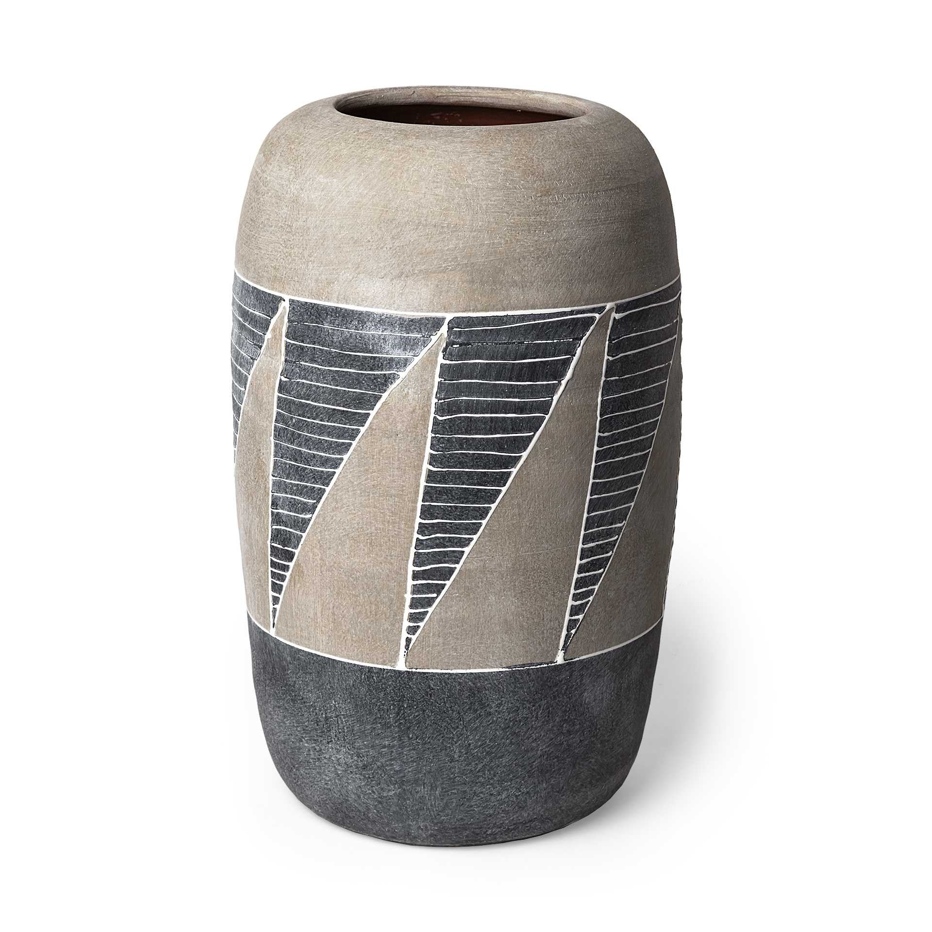 15" Brown And Gray Geometric Cylinder Ceramic Table Vase HomeRoots