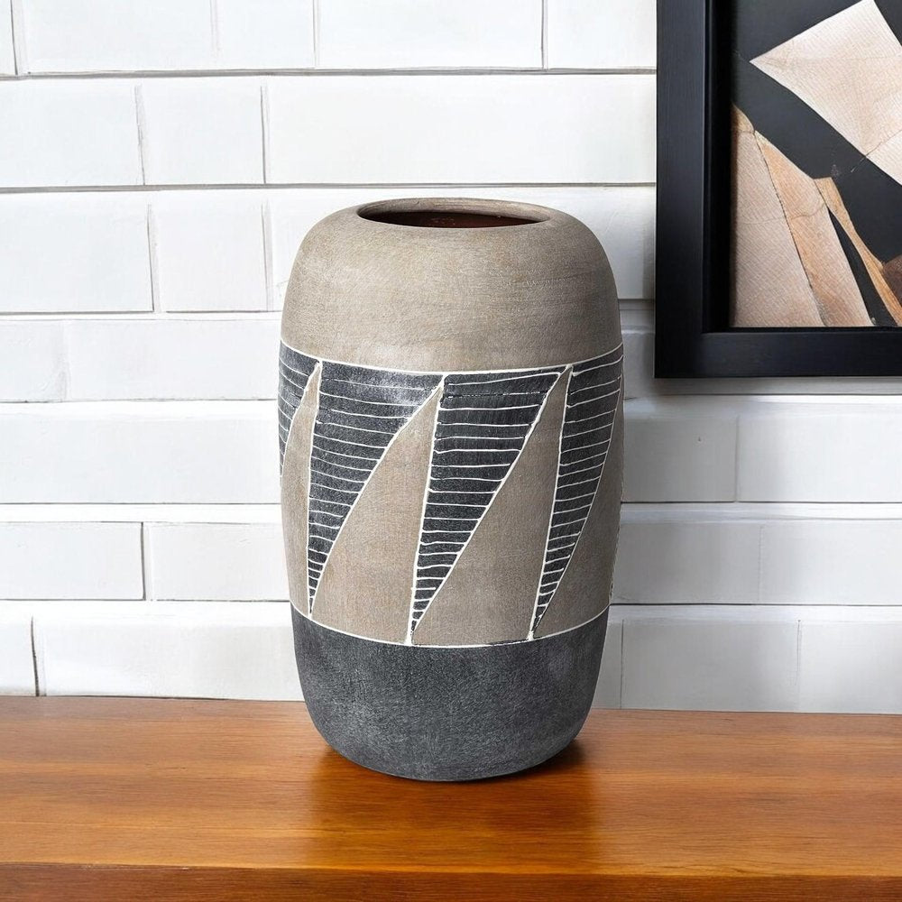 15" Brown And Gray Geometric Cylinder Ceramic Table Vase HomeRoots