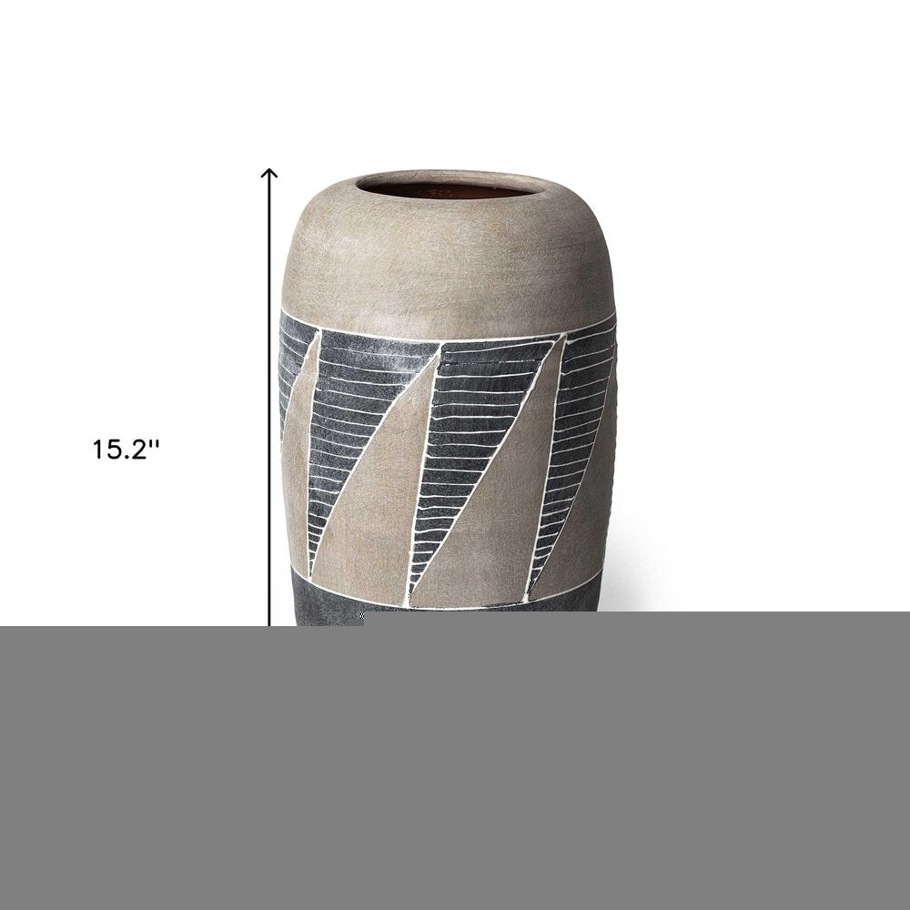 15" Brown And Gray Geometric Cylinder Ceramic Table Vase HomeRoots