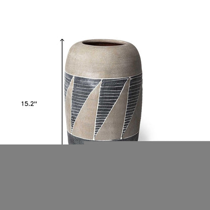 15" Brown And Gray Geometric Cylinder Ceramic Table Vase HomeRoots
