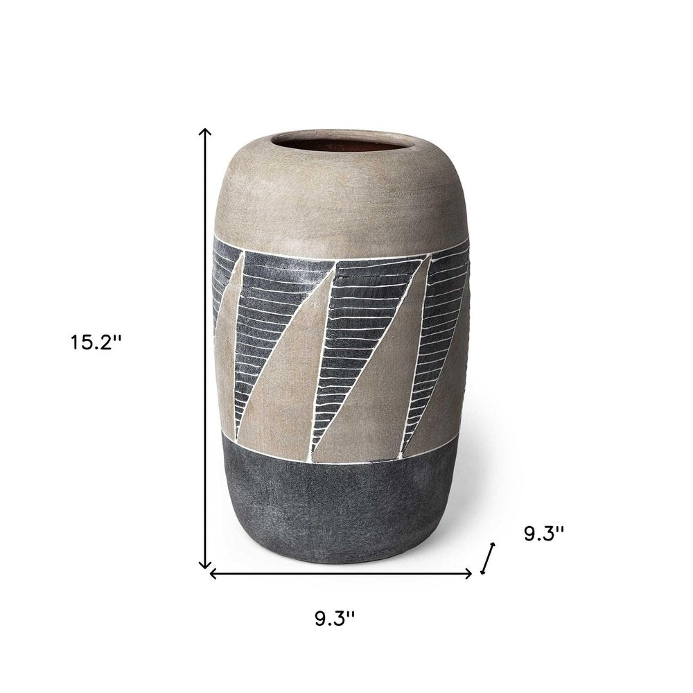 15" Brown And Gray Geometric Cylinder Ceramic Table Vase HomeRoots