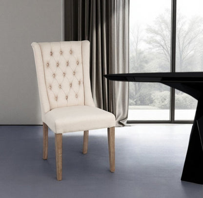 Tufted Cream and Brown Upholstered Linen Wing Back Dining Side Chair HomeRoots