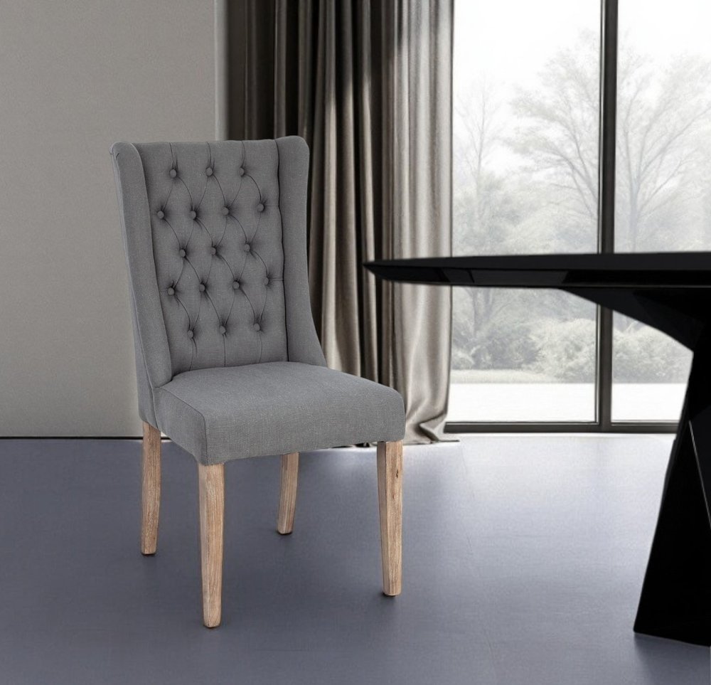Tufted Gray and Brown Upholstered Linen Wing Back Dining Side Chair HomeRoots