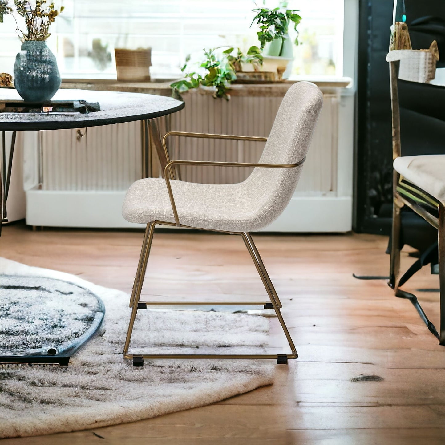 Cream And Gold Upholstered Fabric Dining Arm Chair