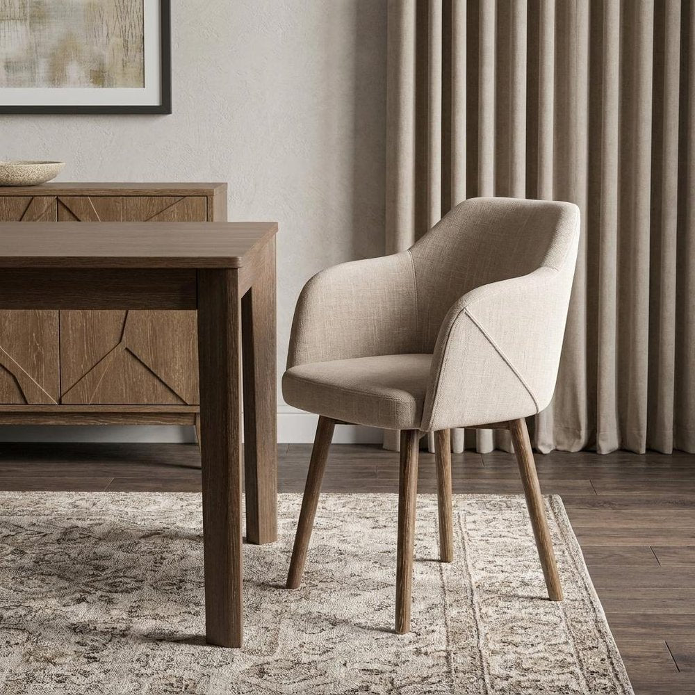 Cream and Brown Upholstered Fabric Dining Arm Chair HomeRoots