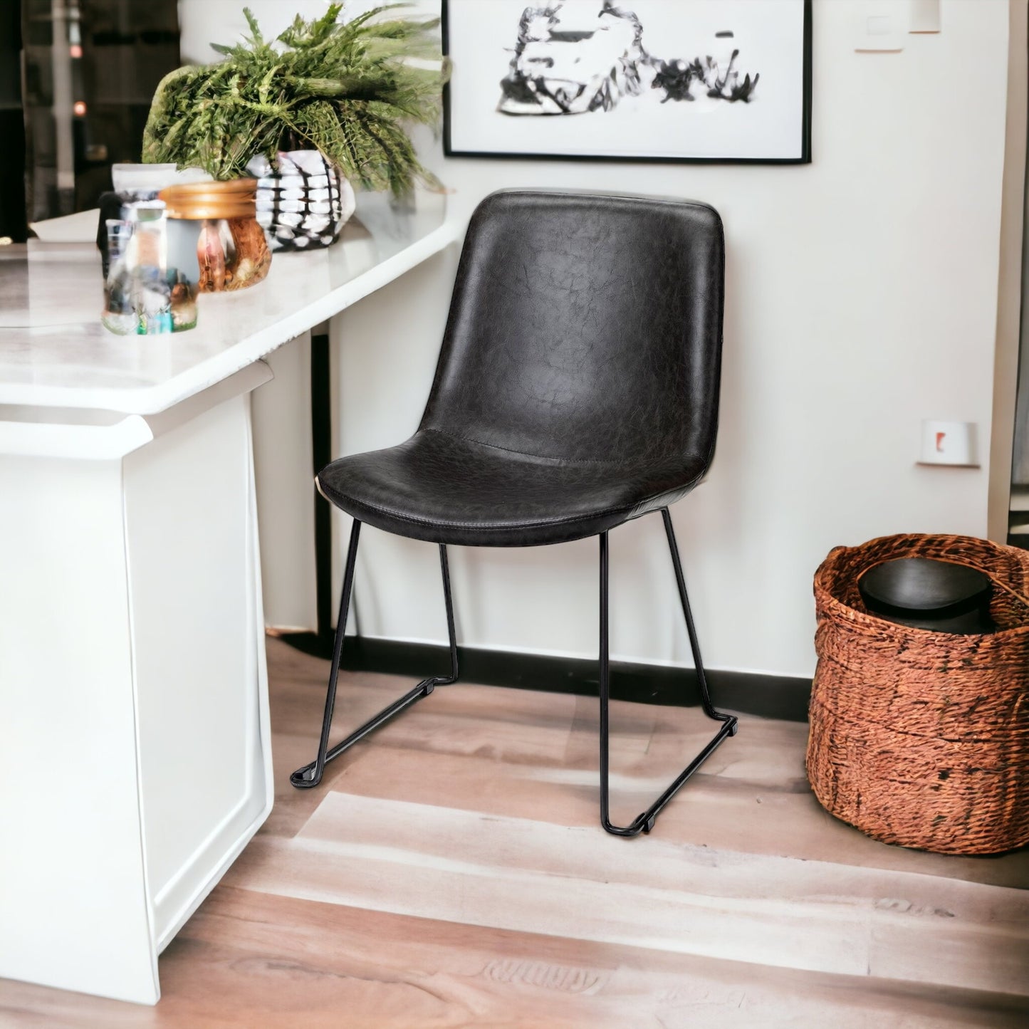 Set Of Two Black Upholstered Faux leather Side Chairs