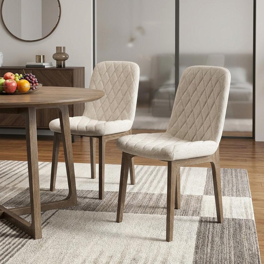 Set of Two Cream and Brown Fabric Dining Side Chairs HomeRoots