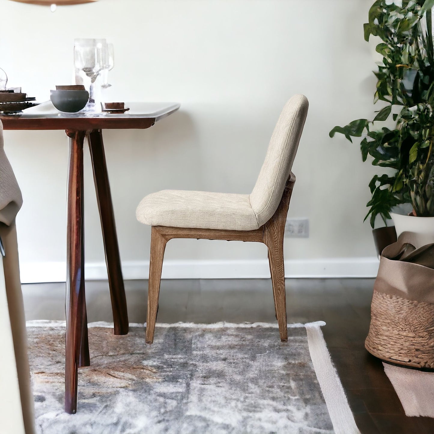 Cream And Brown Upholstered Fabric Dining Side Chair