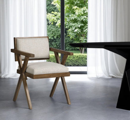 Cream And Brown Upholstered Fabric Open Back Dining Arm Chair HomeRoots