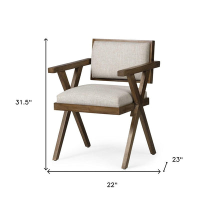 Cream And Brown Upholstered Fabric Open Back Dining Arm Chair HomeRoots