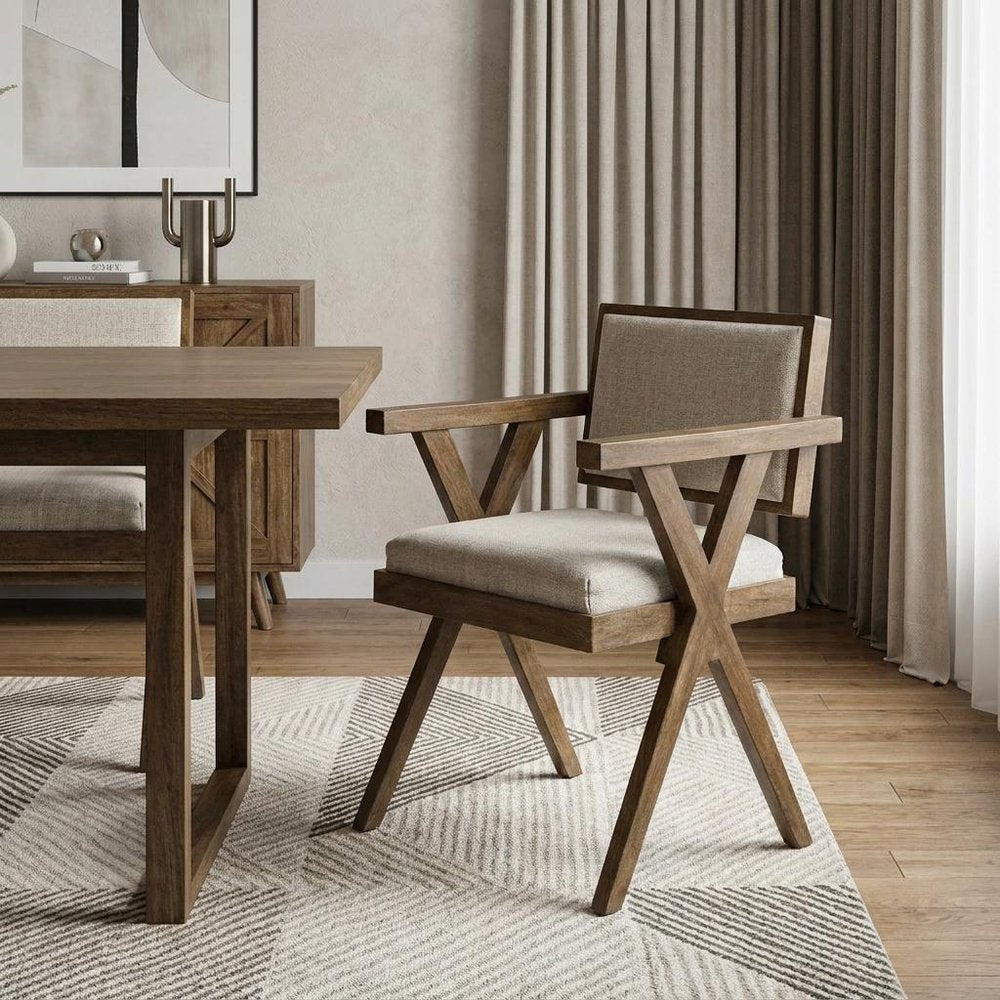 Cream And Brown Upholstered Fabric Open Back Dining Arm Chair HomeRoots