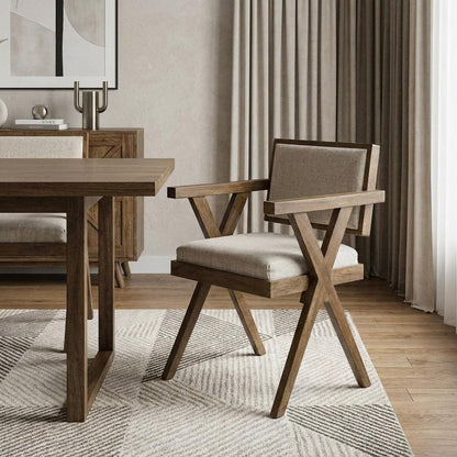 Cream And Brown Upholstered Fabric Open Back Dining Arm Chair HomeRoots