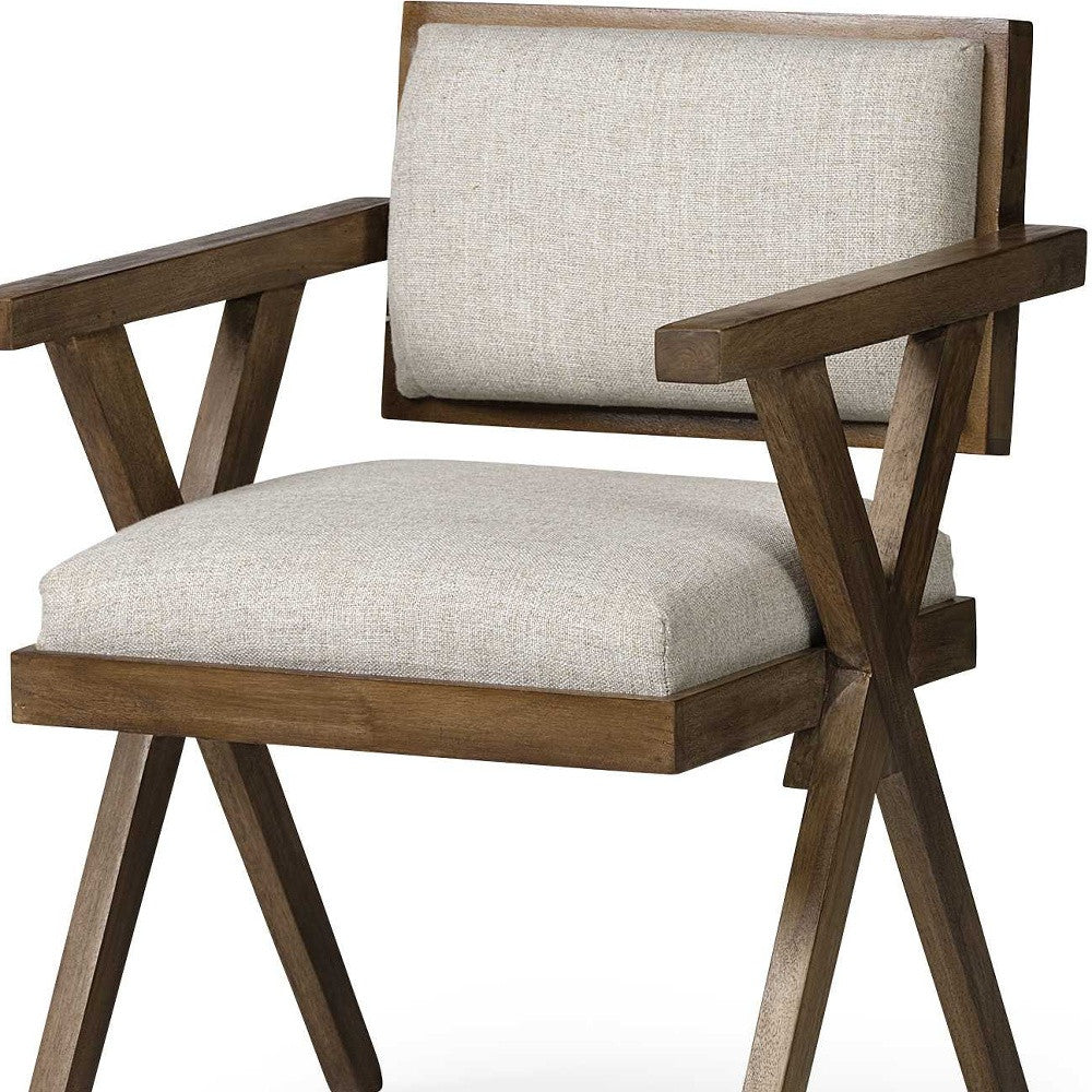 Cream And Brown Upholstered Fabric Open Back Dining Arm Chair