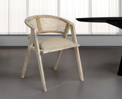 Beige And Gray Upholstered Linen Curved Back Dining Arm Chair HomeRoots