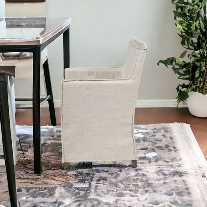 Cream And Brown Slipcovered Wood Dining Arm Chair