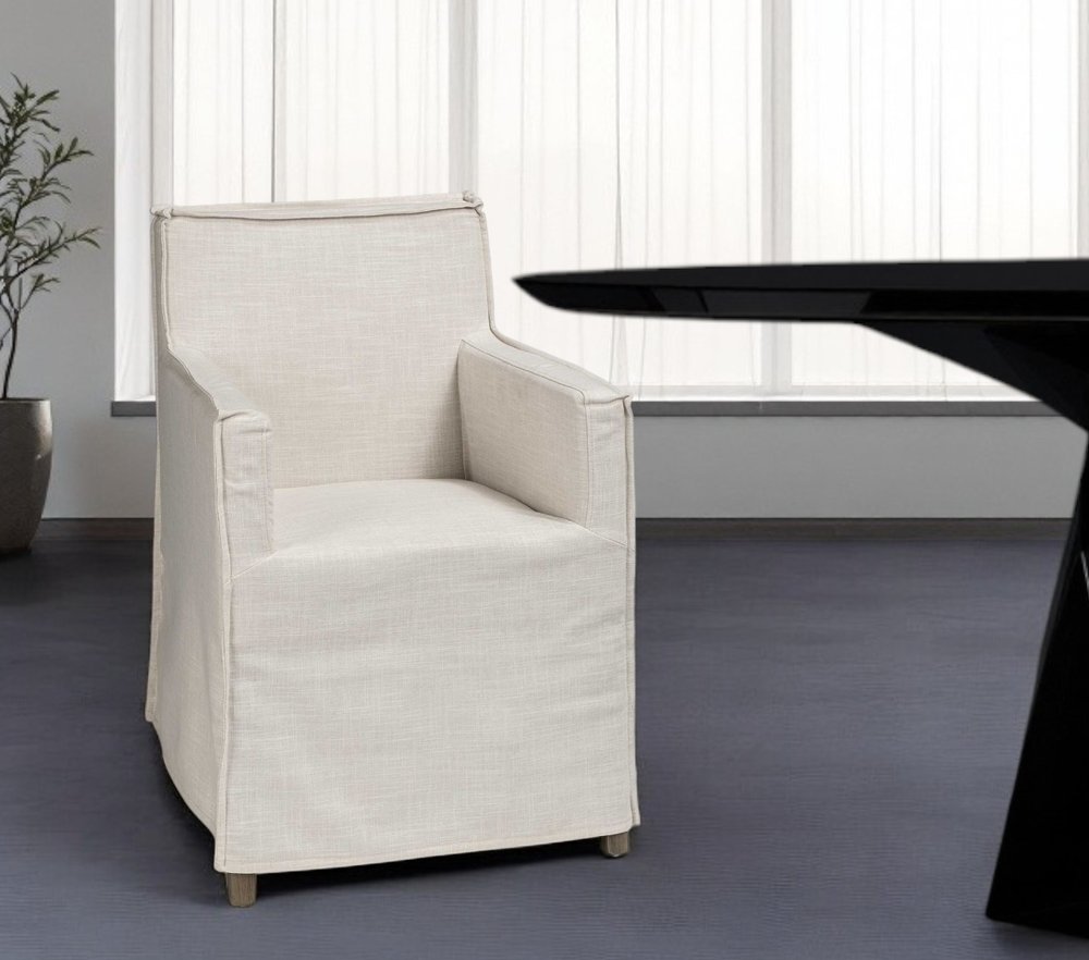 Cream and Brown Slipcovered Upholstered Fabric Dining Arm Chair HomeRoots