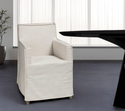 Cream and Brown Slipcovered Upholstered Fabric Dining Arm Chair HomeRoots