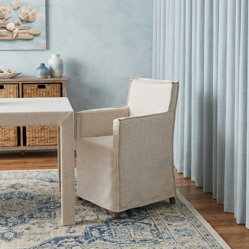 Cream and Brown Slipcovered Upholstered Fabric Dining Arm Chair HomeRoots