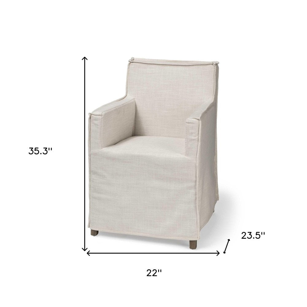 Cream and Brown Slipcovered Upholstered Fabric Dining Arm Chair HomeRoots