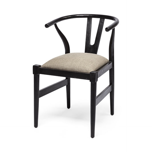 Beige And Black Upholstered Linen Wishbone Back Dining Side Chair