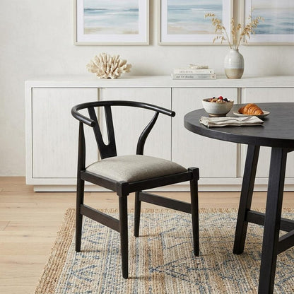Beige And Black Upholstered Linen Wishbone Back Dining Side Chair HomeRoots