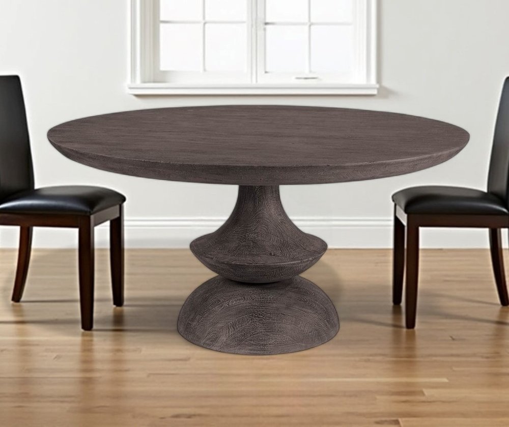 60" Gray Rounded Solid Wood Pedestal Base Dining Table HomeRoots