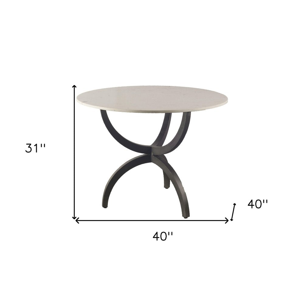 40" Off White And Black Rounded Marble And Metal Three Leg Base Dining Table HomeRoots
