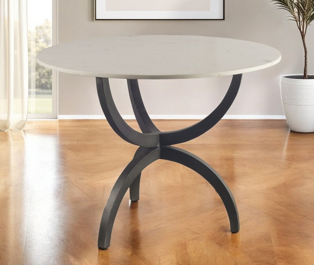 40" Off White And Black Rounded Marble And Metal Three Leg Base Dining Table HomeRoots