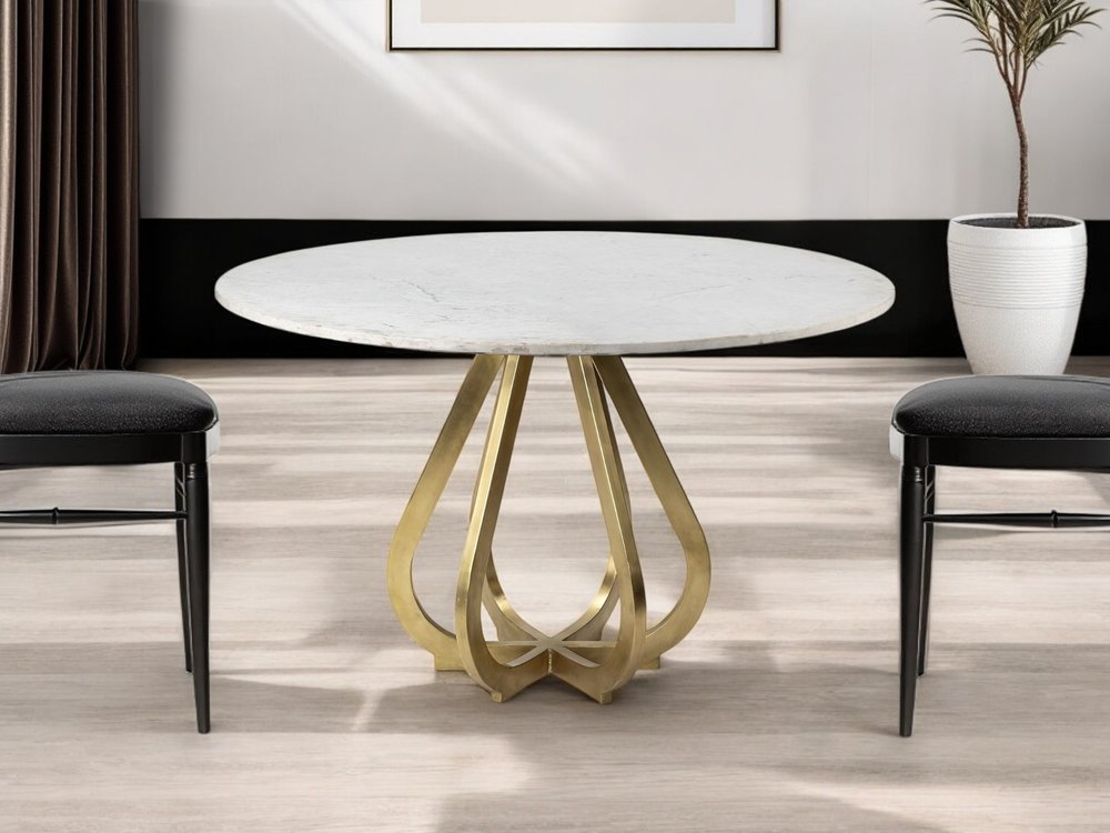 48" White And Gold Rounded Marble And Metal Pedestal Base Dining Table HomeRoots