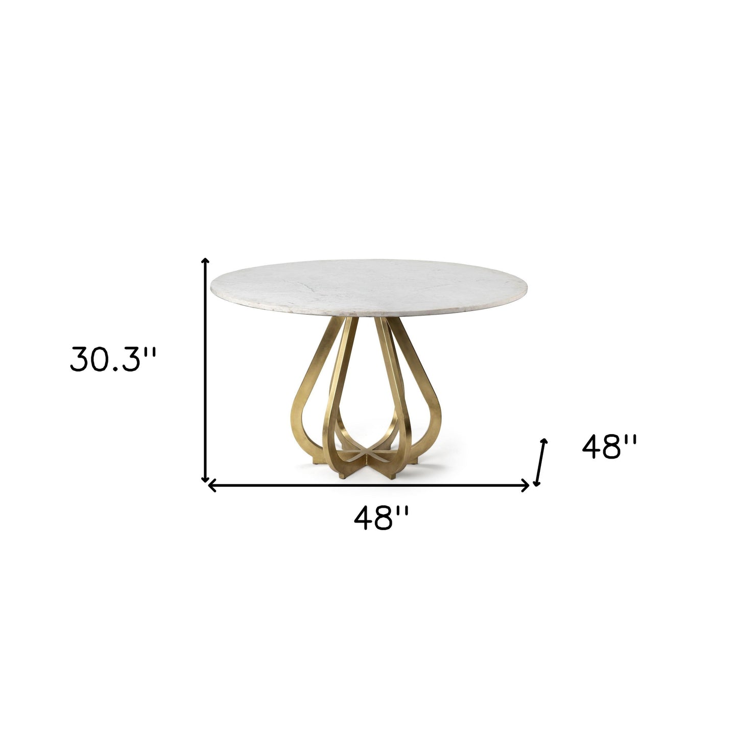 48" White And Gold Rounded Marble And Metal Pedestal Base Dining Table