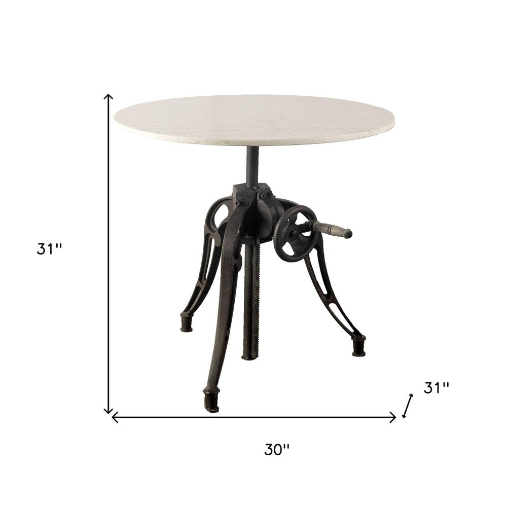 30" White And Black Rounded Marble And Metal Three Leg Base Dining Table HomeRoots