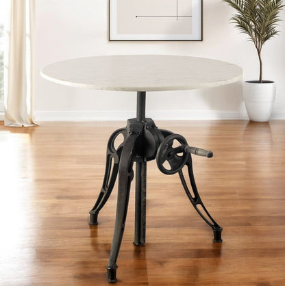30" White And Black Rounded Marble And Metal Three Leg Base Dining Table HomeRoots